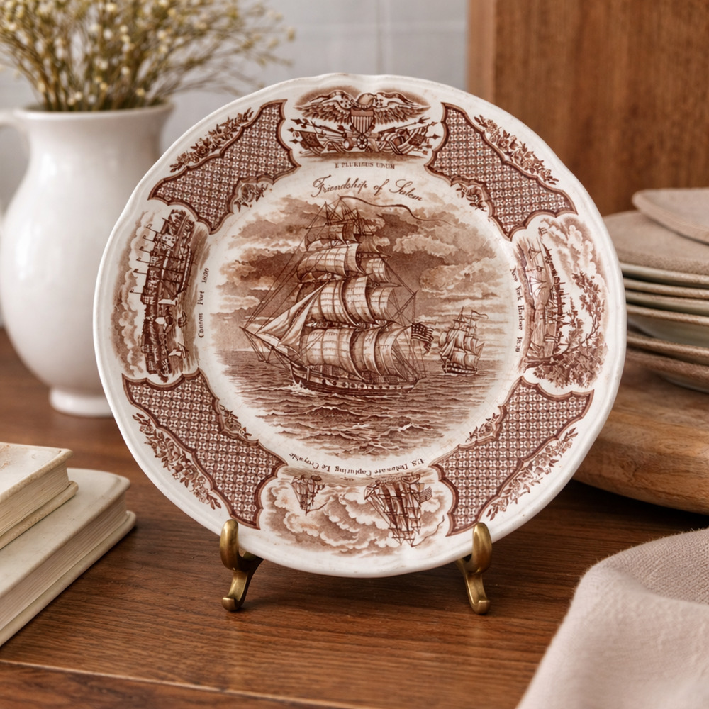 Vintage Friendship of Salem Ship Plate Brown Transferware Maritime Decor